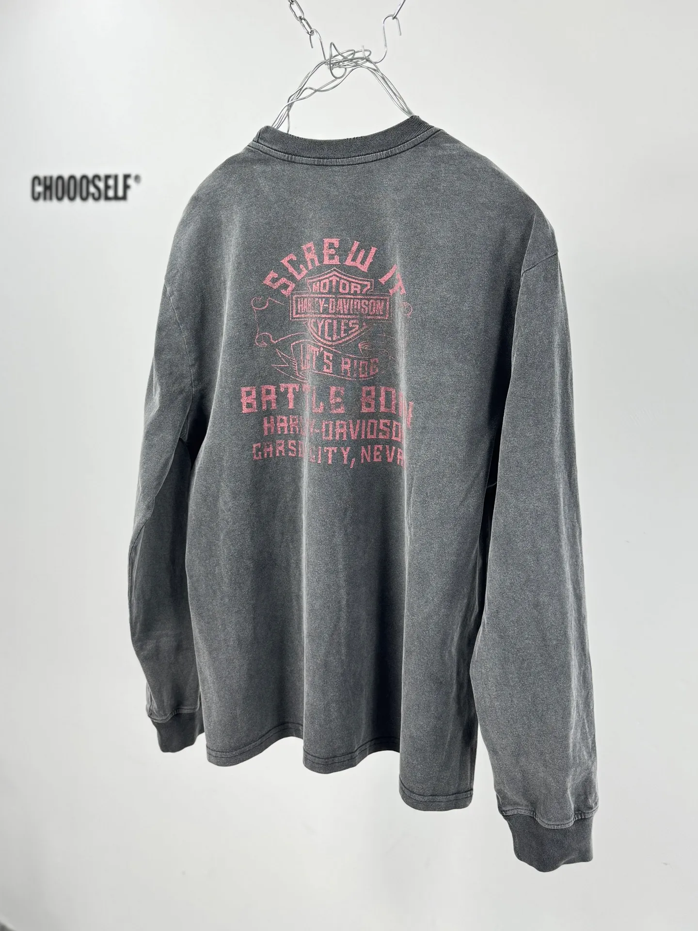 P158 # CTS-37 SAINT “Harley Harley Red Flame Limited Edition” L/S Shirt 25AW Autumn and Winter Heavy Spray Horse Assute Wash Gradient Distressing Multi-position Complex Handmade Destruction Long-sleeved T-shirt Size: S M L XL